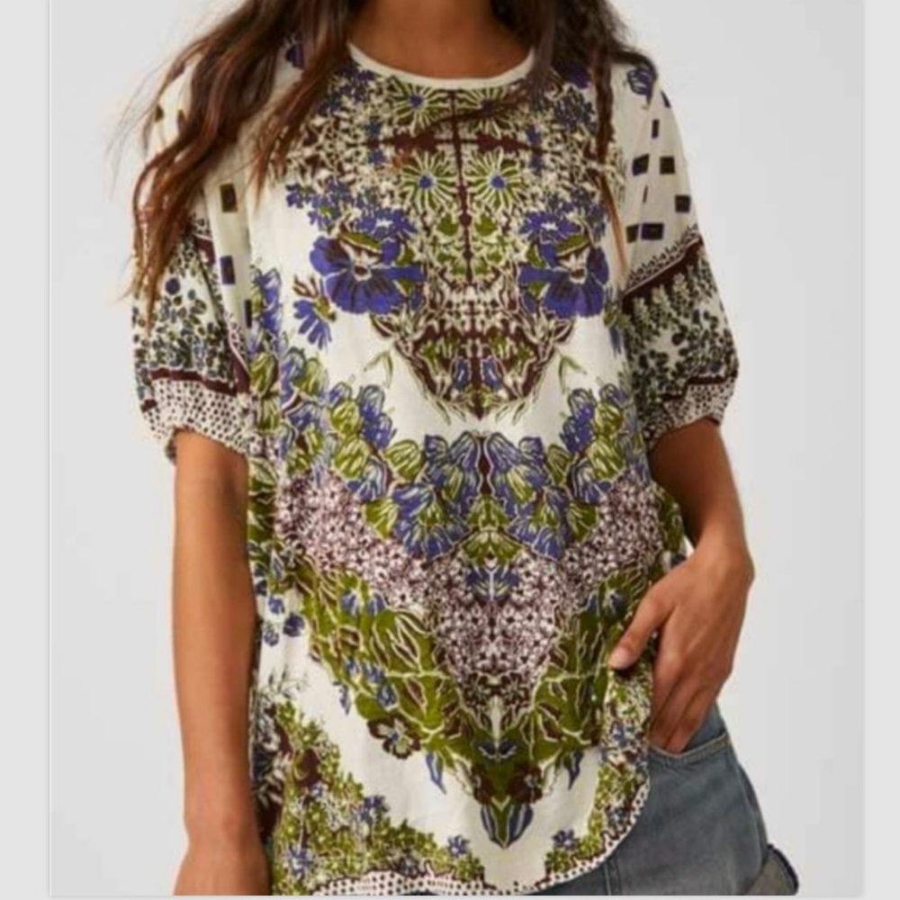 Free People Luly Floral Top Cotton Oversized Puff Sleeve Boho Casual Colorful XS